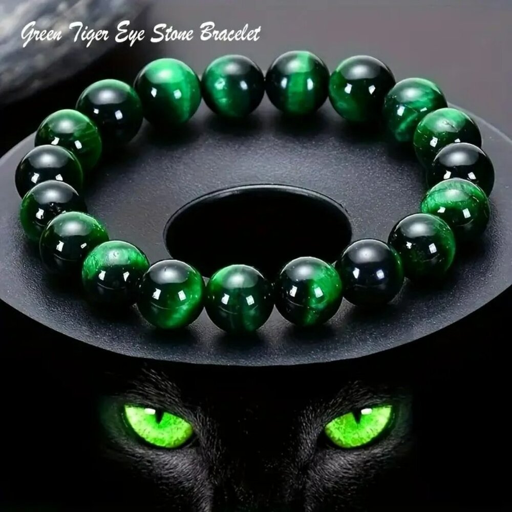 Natural Green Tiger Eye Stone Bead Bracelet (SKU #0365)